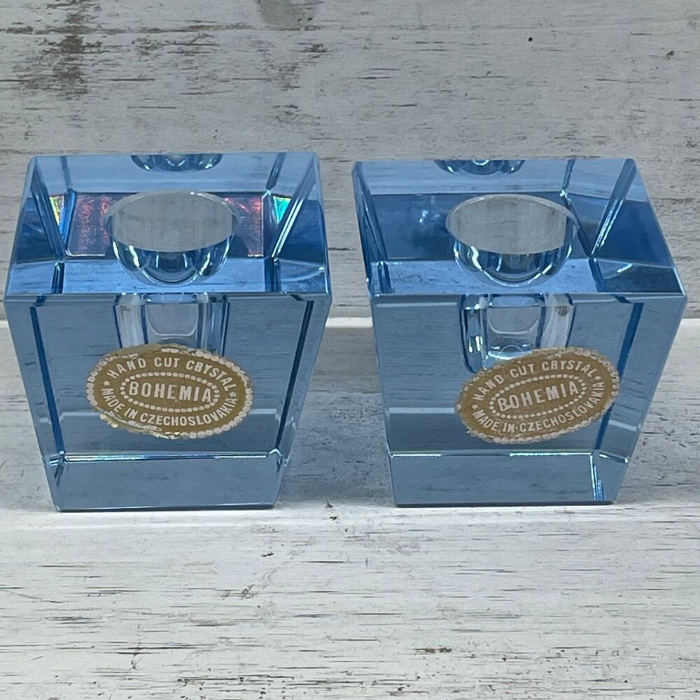 Pair Blue Tapered Square Bohemia Cut Crystal Candle Stick Holders Czechoslovakia